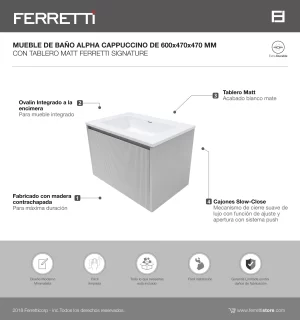 Mueble de Baño Alpha Cappuccino De 600x470x470Mm con Tablero Matt Signature - Image 2
