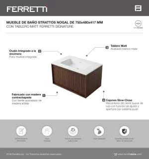 Mueble de Baño Strattos Nogal De 750x480x417Mm con Tablero Matt Signature - Image 2