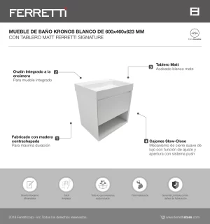 Mueble de Baño Kronos Blanco De 600x460x623Mm con Tablero Matt Signature - Image 2