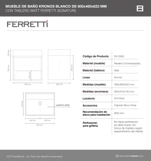 Mueble de Baño Kronos Blanco De 600x460x623Mm con Tablero Matt Signature - Image 3