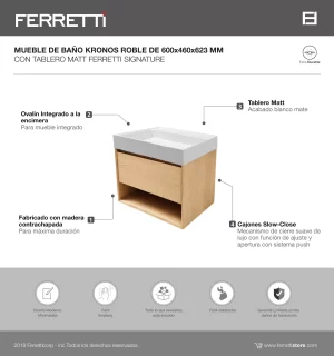 Mueble de Baño Kronos Roble De 600x460x623Mm con Tablero Matt Ferretti Signature - Image 2