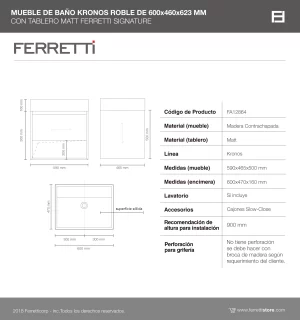 Mueble de Baño Kronos Roble De 600x460x623Mm con Tablero Matt Ferretti Signature - Image 3