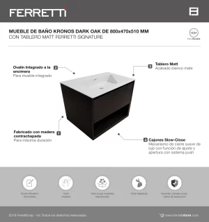 Mueble de Baño Kronos Dark Oak De 800x470x510Mm con Tablero Matt Signature - Image 2