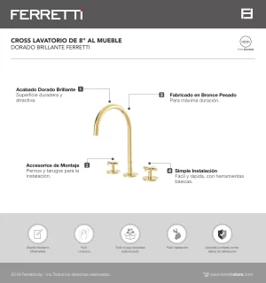 Cross Lavatorio de 8" al Mueble Dorado Brillante Ferretti - Image 2
