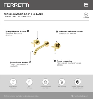 Cross Lavatorio de 8" a la Pared Dorado Brillante Ferretti - Image 2