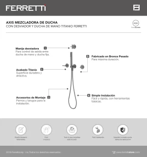 Axis Mezcladora de Ducha con Desviador y Ducha de Mano Titanio Ferretti - Image 2