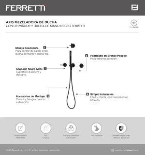 Axis Mezcladora de Ducha Con Desviador y Ducha de Mano Negro Mate Ferretti - Image 2