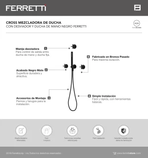 Cross Mezcladora de Ducha Con Desviador y Ducha de Mano Negro Ferretti - Image 2