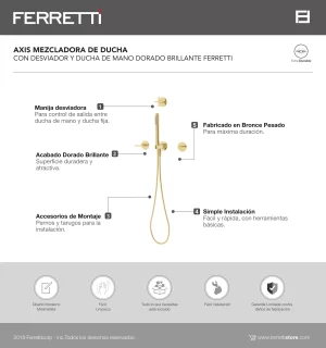 Axis Mezcladora de Ducha Con Desviador y Ducha de Mano Dorada Brillante Ferretti - Image 2