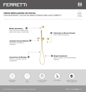 Mezcladora Cross de Ducha Con Desviador y Ducha de Mano Dorada Brillante Ferretti - Image 2