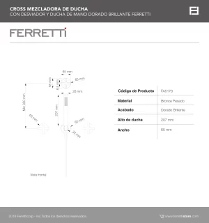 Mezcladora Cross de Ducha Con Desviador y Ducha de Mano Dorada Brillante Ferretti - Image 3