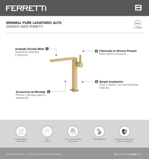 Minimal Pure Lavatorio Alto Dorado Mate Ferretti - Image 2